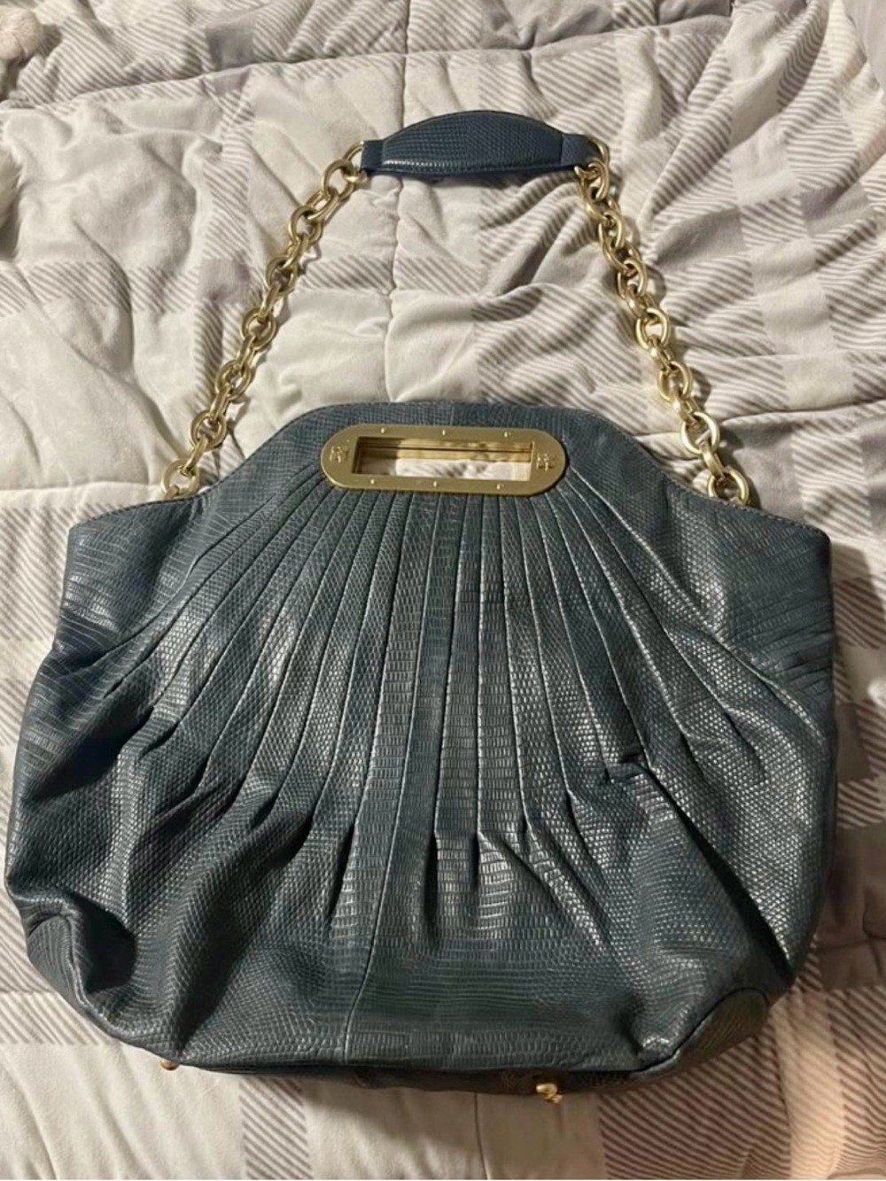 BCBGMAXAZRIA Pleated Dark Blue Snakeskin Textured Leather Purse w/ Gold accents